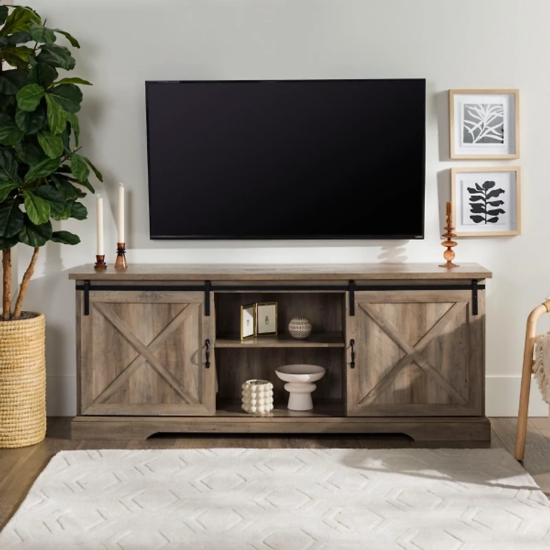 Gray Wash Sliding Barn Door TV Stand