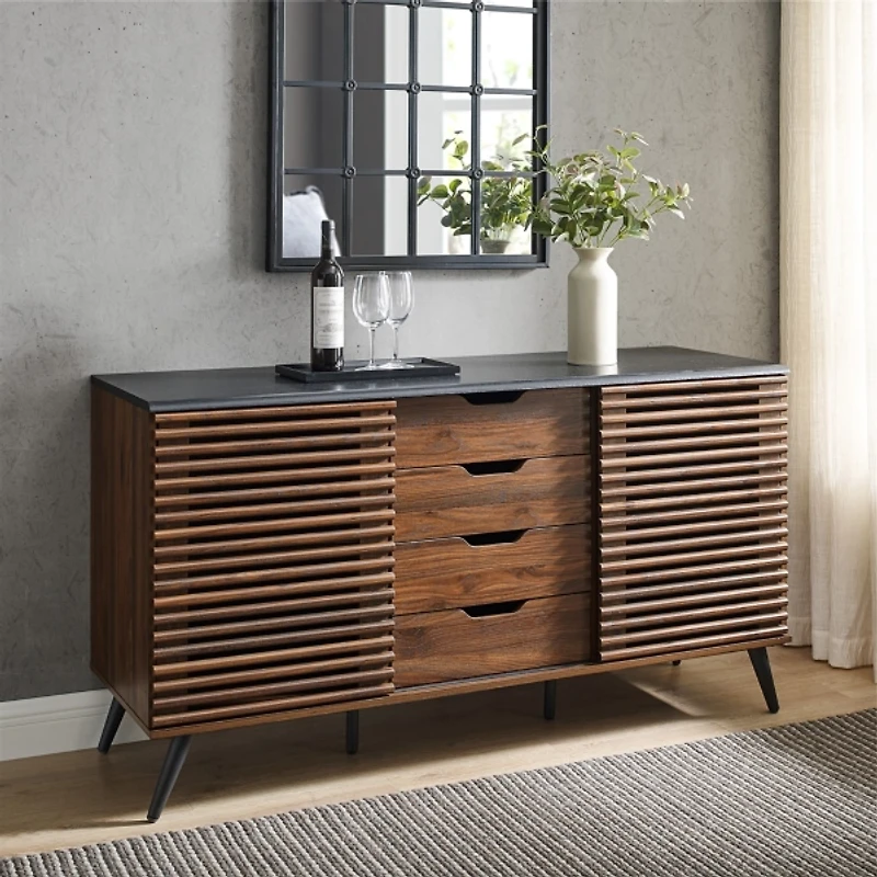 Dark Walnut Slatted 4-Drawer Cabinet