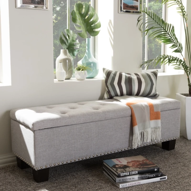 Taupe Button-Tufted Upholstered Storage Bench