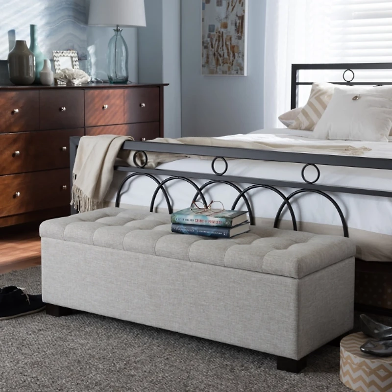 Beige Grid-Tufted Contemporary Storage Bench