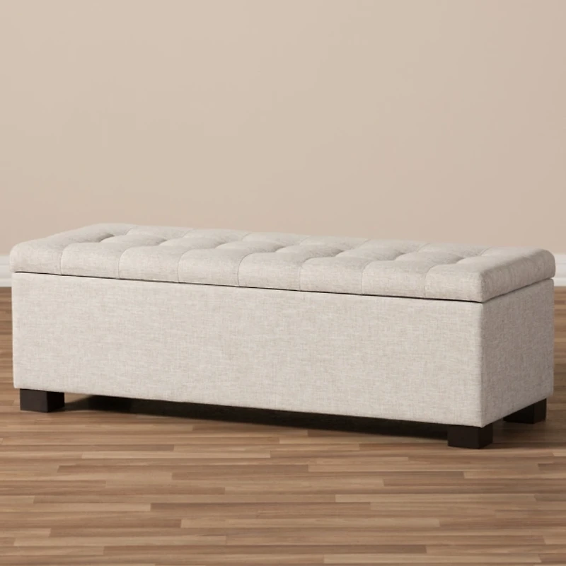 Beige Grid-Tufted Contemporary Storage Bench
