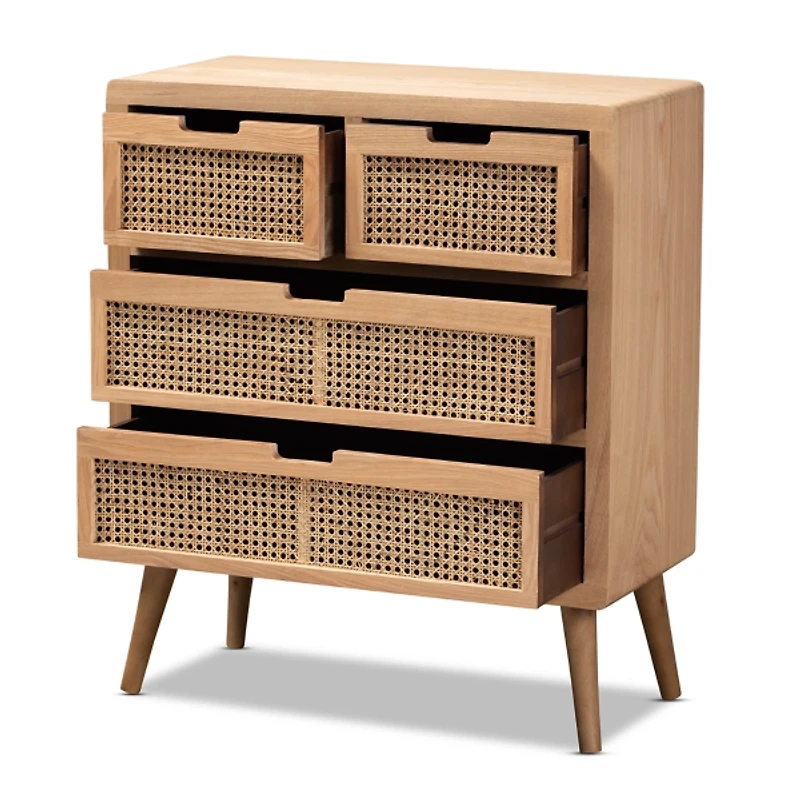 Oak and Rattan 4-Drawer Chest