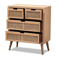 Oak and Rattan 4-Drawer Chest