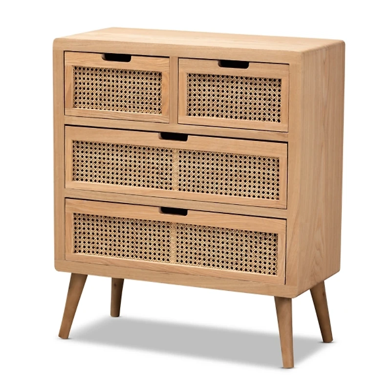 Oak and Rattan 4-Drawer Chest