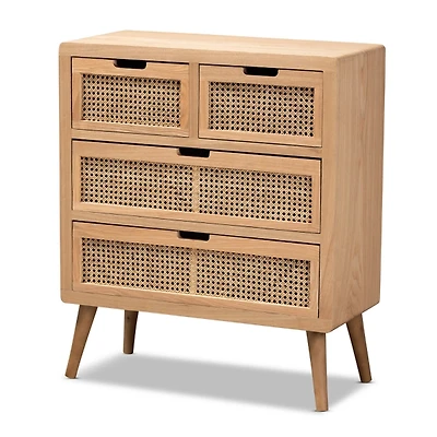 Oak and Rattan 4-Drawer Chest