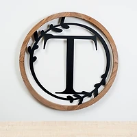 Wood and Metal Laurel Monogram T Plaque