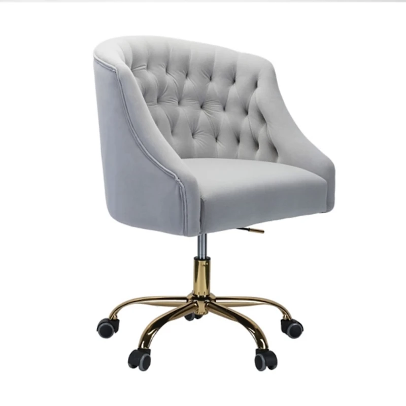 Gray Velvet Tufted Gold Leg Swivel Office Chair