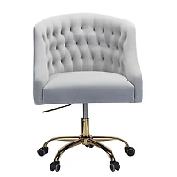 Gray Velvet Tufted Gold Leg Swivel Office Chair
