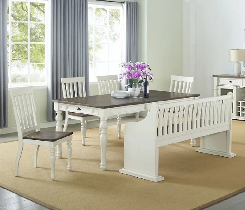 Two-Tone Dark Oak and Ivory High Back Wooden Bench