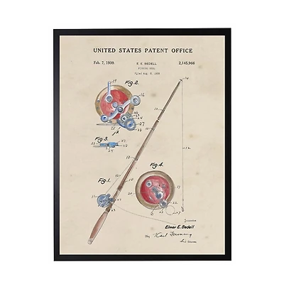 Watercolor Fishing Rod Patent Framed Art Print