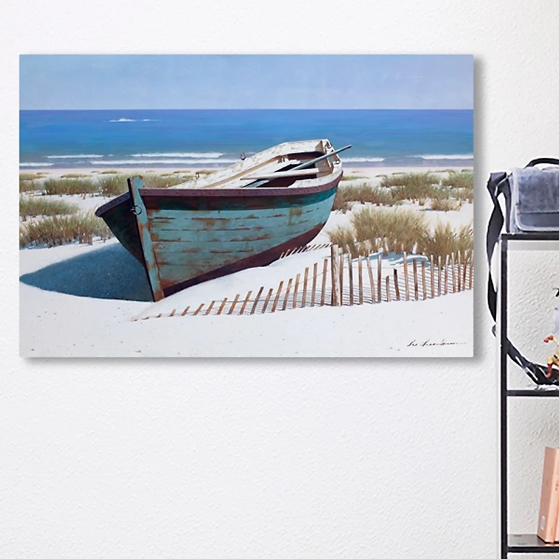 Blue Boat On Beach Canvas Art Print