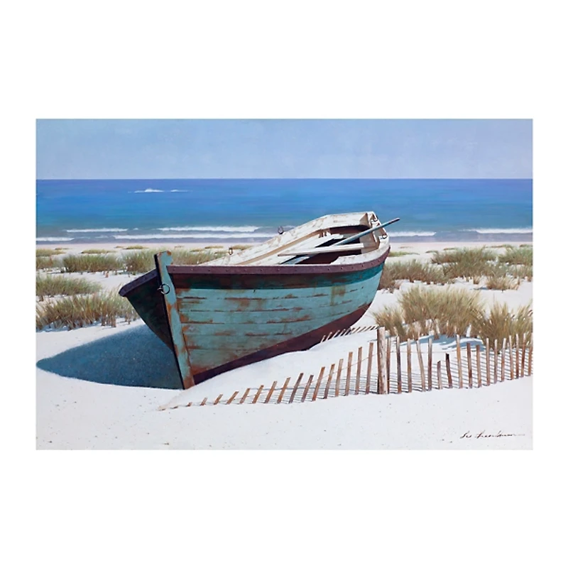 Blue Boat On Beach Canvas Art Print