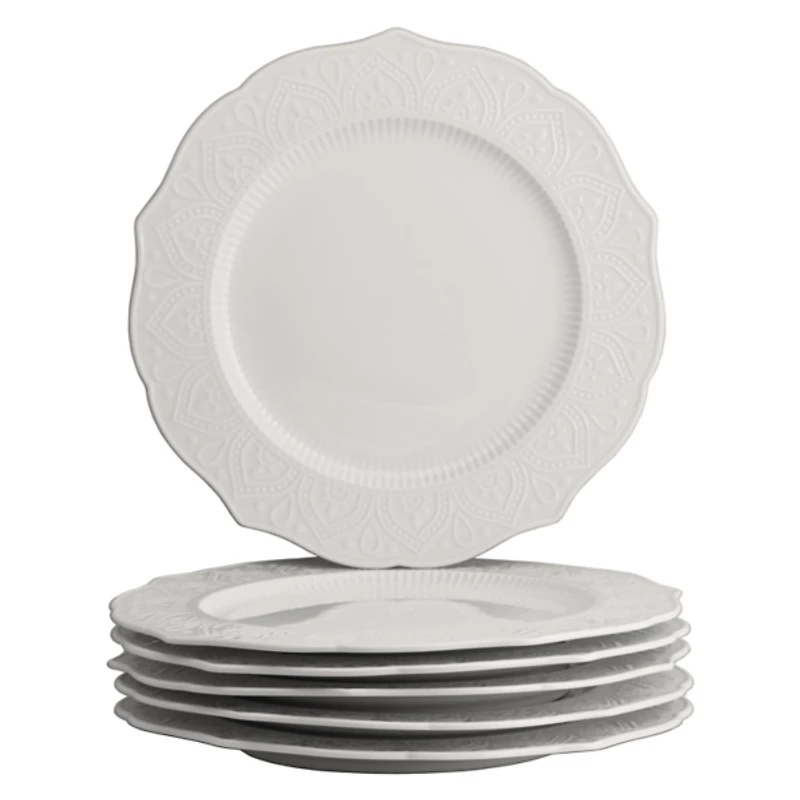 White Dahlia Embossed Dinner Plates, Set of 6