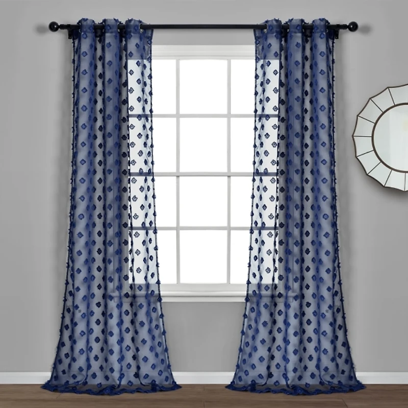 Sheer Navy Dotted Curtain Panel Set, 84 in.