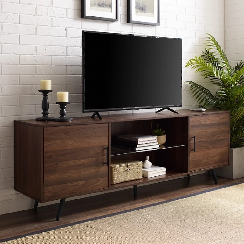 Walnut Mid-Century Modern Glass Shelf TV Stand