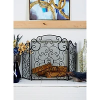 Black Metallic Scroll Three-Panel Fire Screen