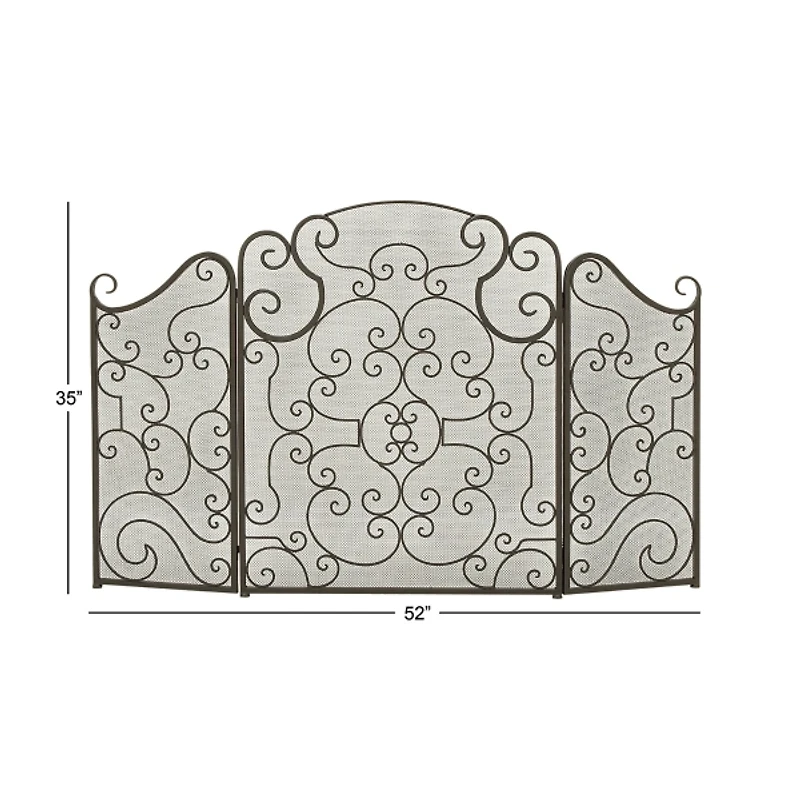 Black Metallic Scroll Three-Panel Fire Screen