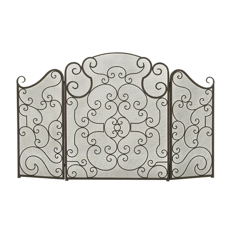 Black Metallic Scroll Three-Panel Fire Screen