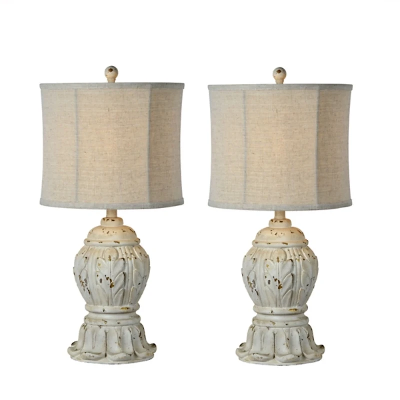 Antique Ivory Distressed Table Lamps, Set of 2