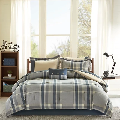 Navy and Taupe Plaid Print Twin XL Comforter Set