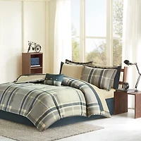 Navy and Taupe Plaid Print Queen Comforter Set