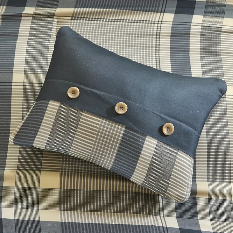 Navy and Taupe Plaid Print Queen Comforter Set