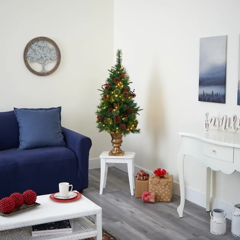 4 ft. Pre-Lit Berry and Pine Cones Tree in Urn