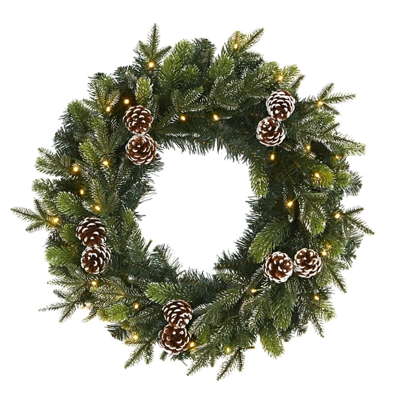 Snowy Pine Cone Clear LED Wreath