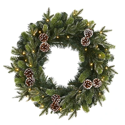 Snowy Pine Cone Clear LED Wreath