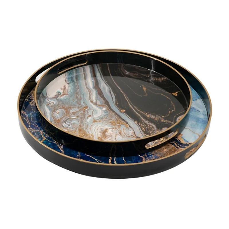 Blue and Gray Round Abstract Trays, Set of 2