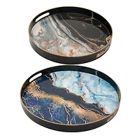 Blue and Gray Round Abstract Trays, Set of 2