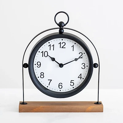 Black Metal Frame with Wood Base Tabletop Clock