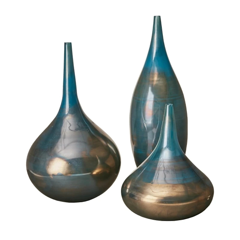 Blue and Bronze Metallic Glass Vases, Set of 3