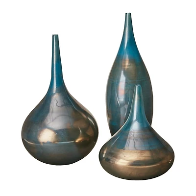 Blue and Bronze Metallic Glass Vases, Set of 3