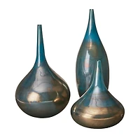 Blue and Bronze Metallic Glass Vases, Set of 3