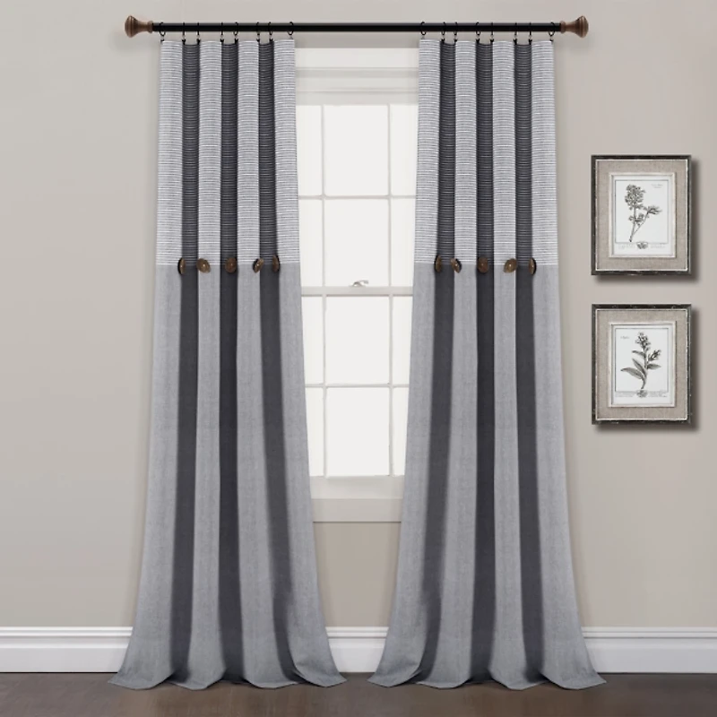 Gray Button and Stripe Curtain Panel Set, 95 in.