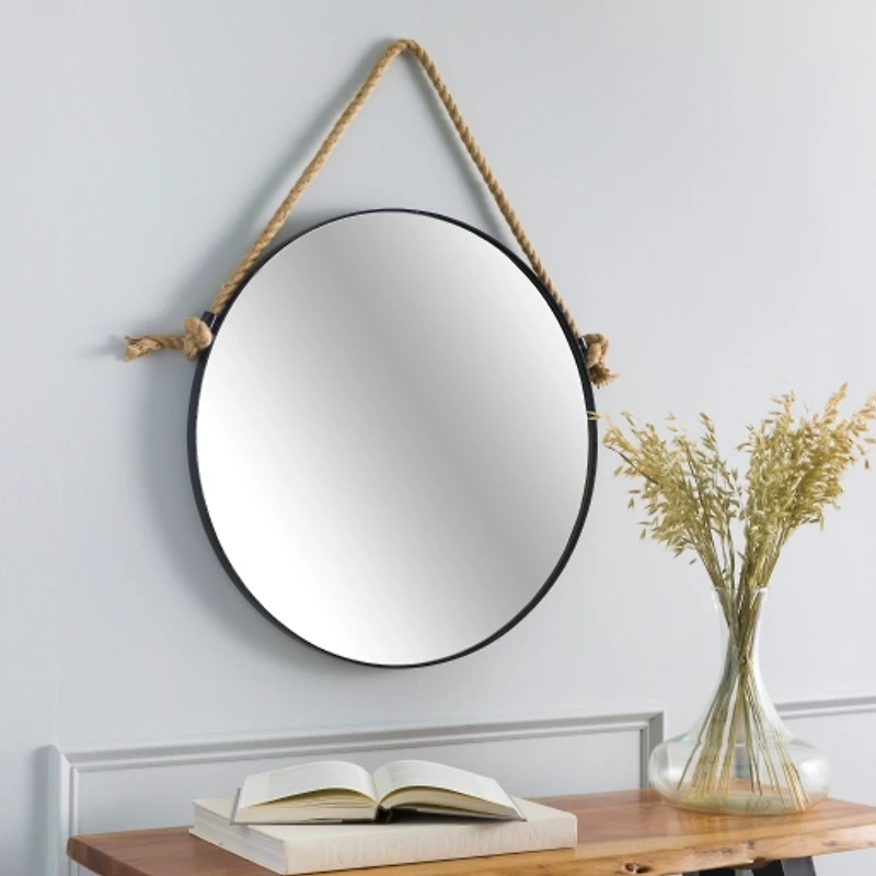 Black Round Framed Mirror with Rope