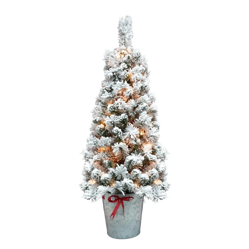 4 ft. Pre-Lit Flocked Pine Tree in Metal Pot