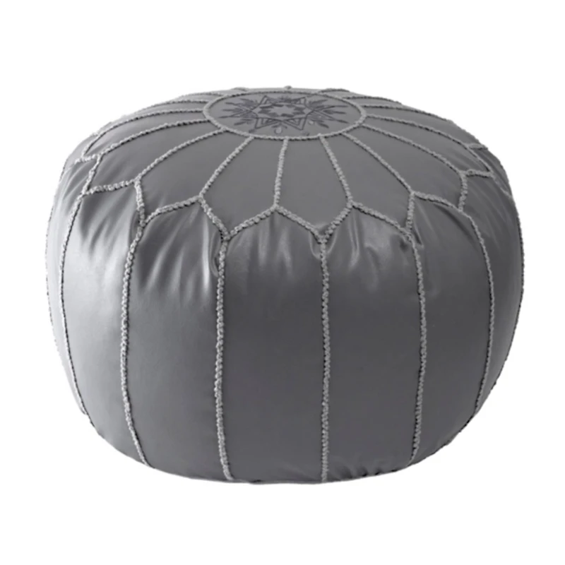 Gray Faux Leather Round Pouf