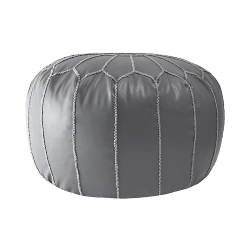 Gray Faux Leather Round Pouf