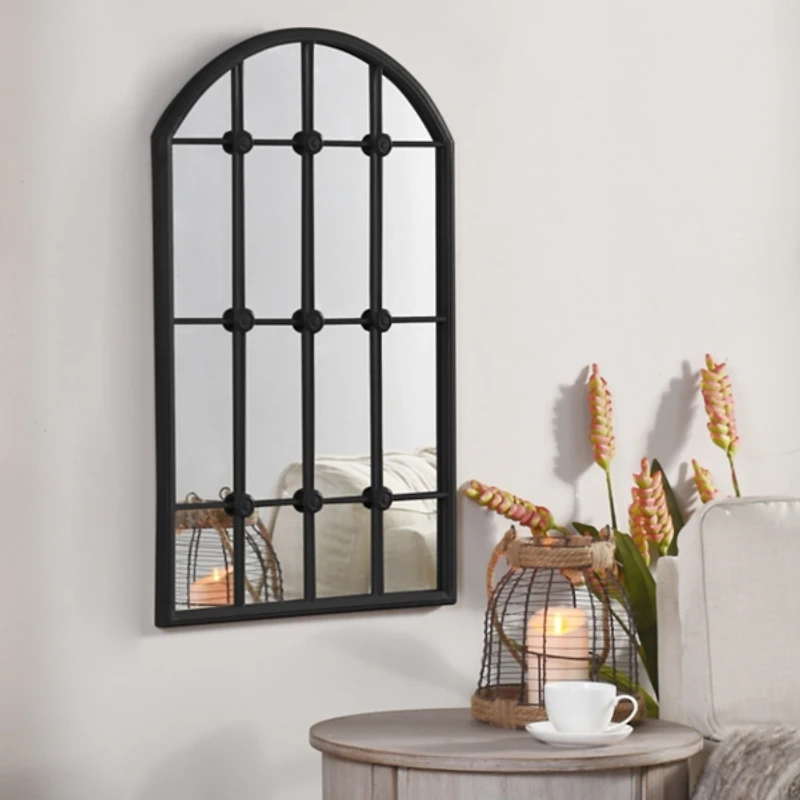 Black Iron Arched Windowpane Mirror