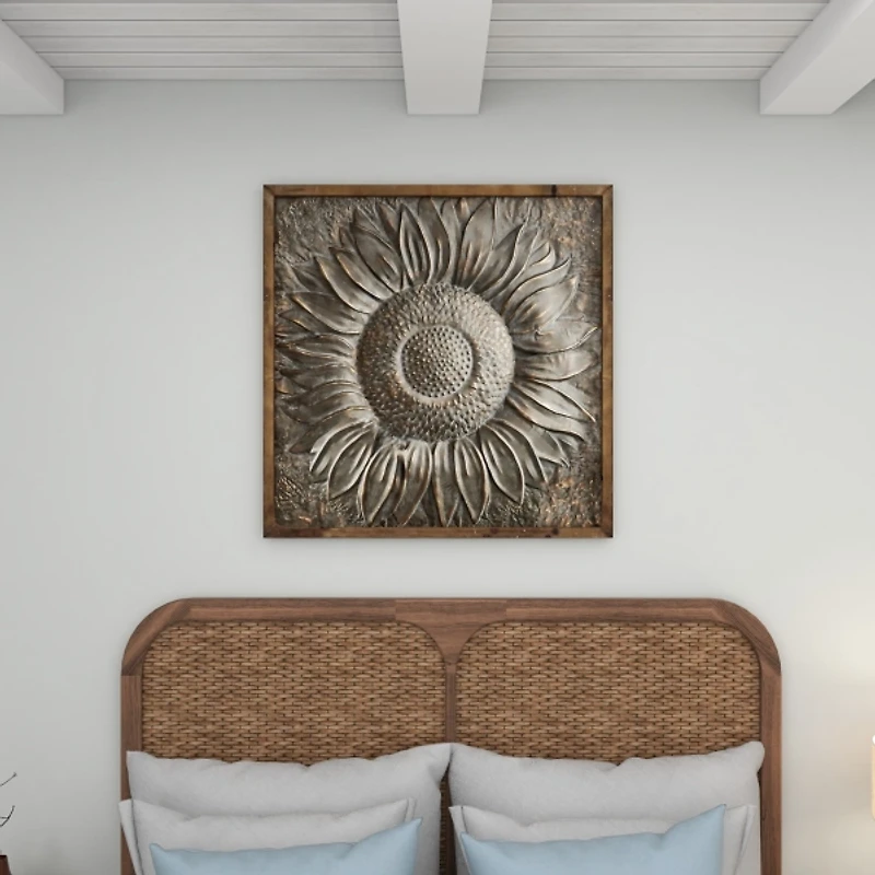 Dark Silver Metal Sunburst Wood Frame Wall Plaque