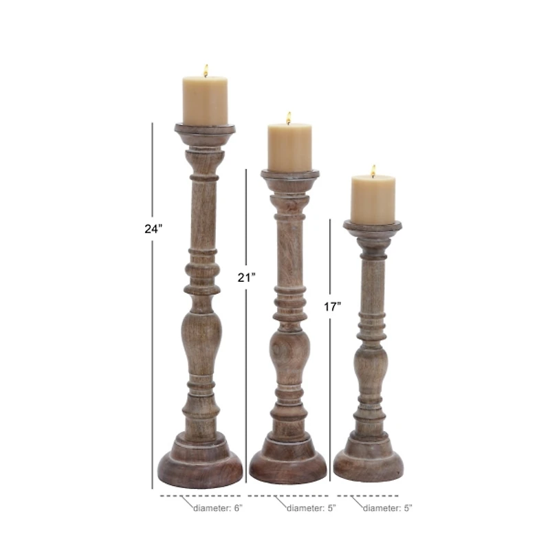 Natural Mango Wood Carved Candle Holders, Set of 3