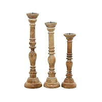 Natural Mango Wood Carved Candle Holders, Set of 3