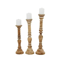 Natural Mango Wood Carved Candle Holders, Set of 3