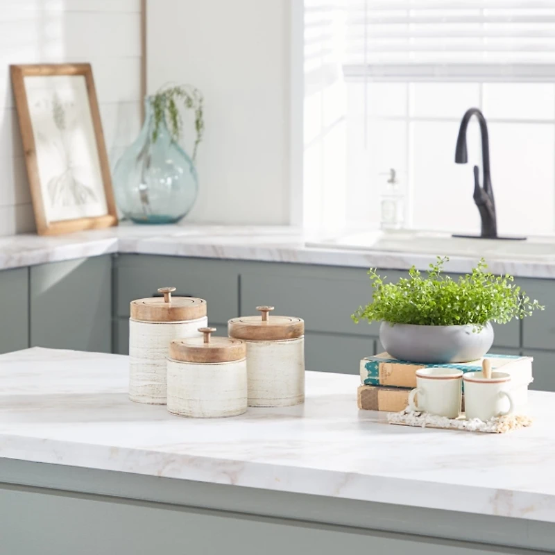 Weathered Ivory Jars with Wooden Lids, Set of 3