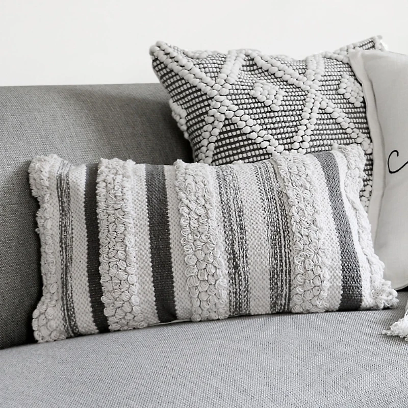 Gray and Cream Cotton Stripe Accent Pillow Cover