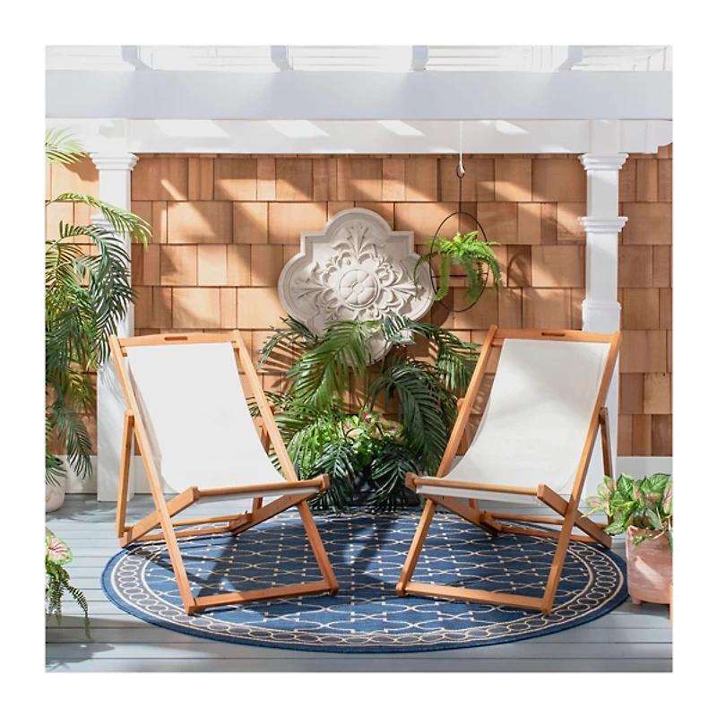 Eucalyptus Wood and Beige Sling Chairs, Set of 2