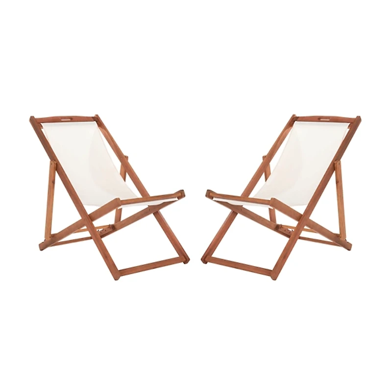 Eucalyptus Wood and Beige Sling Chairs, Set of 2