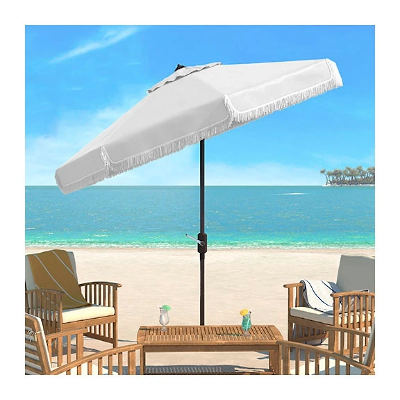 White Fringe Tilt Crank 9 ft. Outdoor Umbrella